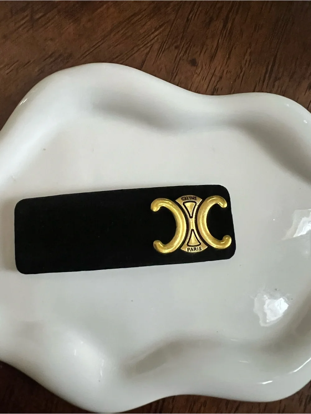 Celine Black Velvet Hair Barrette with Gold Emblem